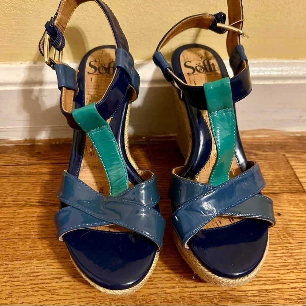 Sofft NWOT blue turquoise wedge sandals a T Strap espadrilles Size 6 women
